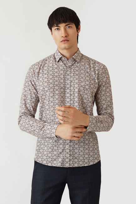 Regular Fit Bej Desenli Modern Spor Erkek Gömlek - 4