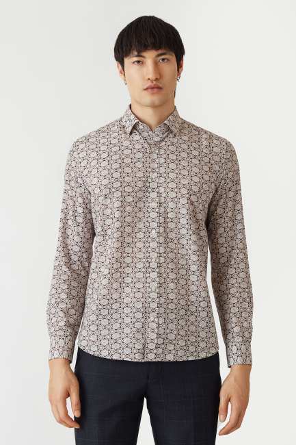 Regular Fit Bej Desenli Modern Spor Erkek Gömlek - 5