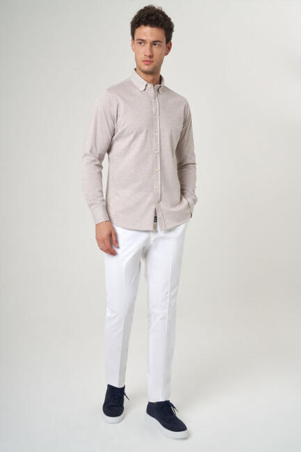 Regular Fit Bej Oxford Örme Paşa Yaka Uzun Kollu Erkek Gömlek - 4