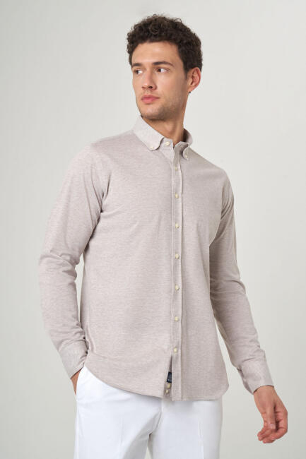 Regular Fit Bej Oxford Örme Paşa Yaka Uzun Kollu Erkek Gömlek - 5
