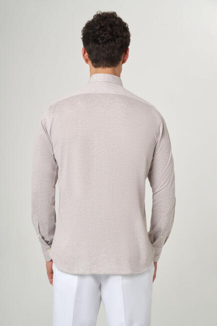 Regular Fit Bej Oxford Örme Paşa Yaka Uzun Kollu Erkek Gömlek - 3