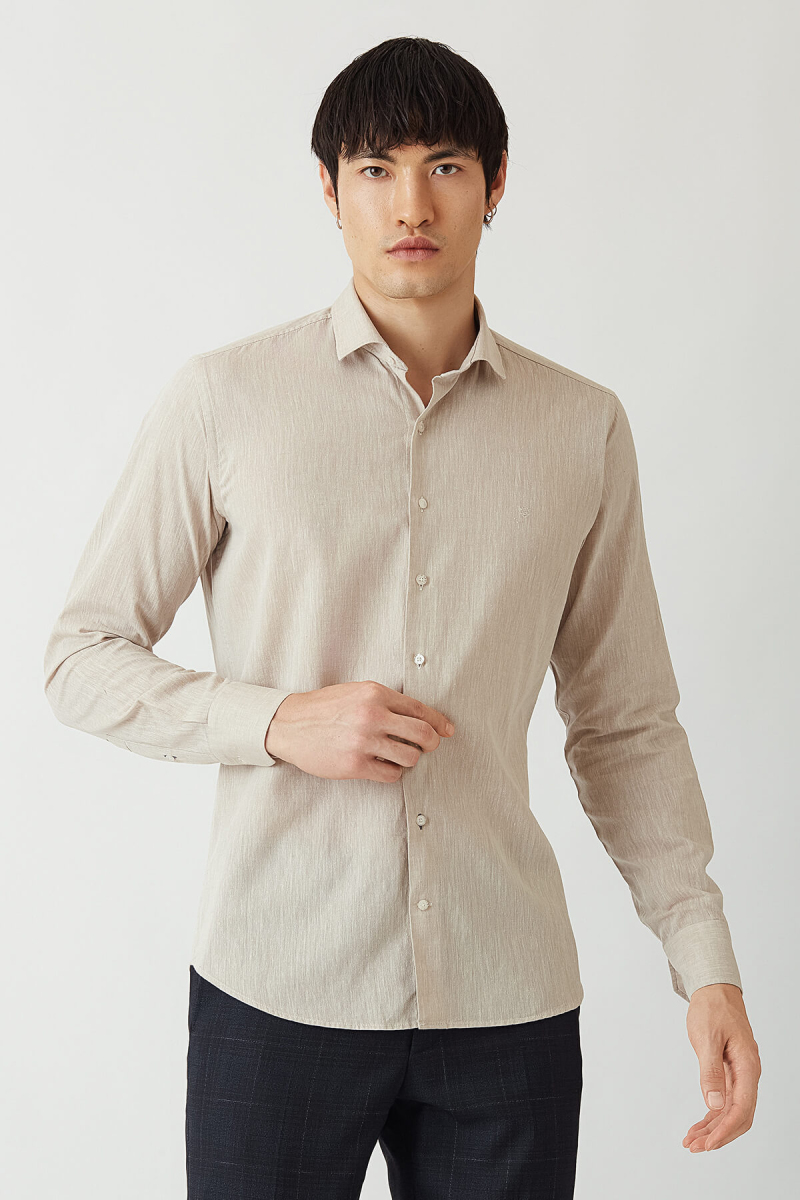 Regular Fit Bej Pamuk Keten Spor Erkek Gömlek - 5