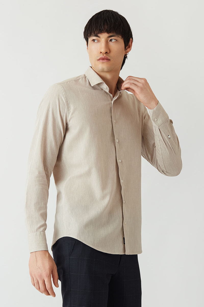 Regular Fit Bej Pamuk Keten Spor Erkek Gömlek - 4
