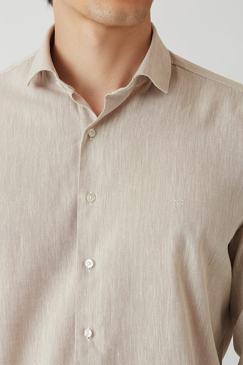 Regular Fit Bej Pamuk Keten Spor Erkek Gömlek - 3