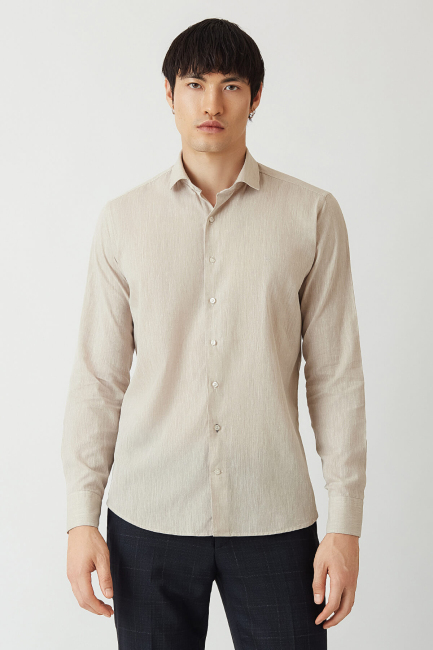 Regular Fit Bej Pamuk Keten Spor Erkek Gömlek - 1
