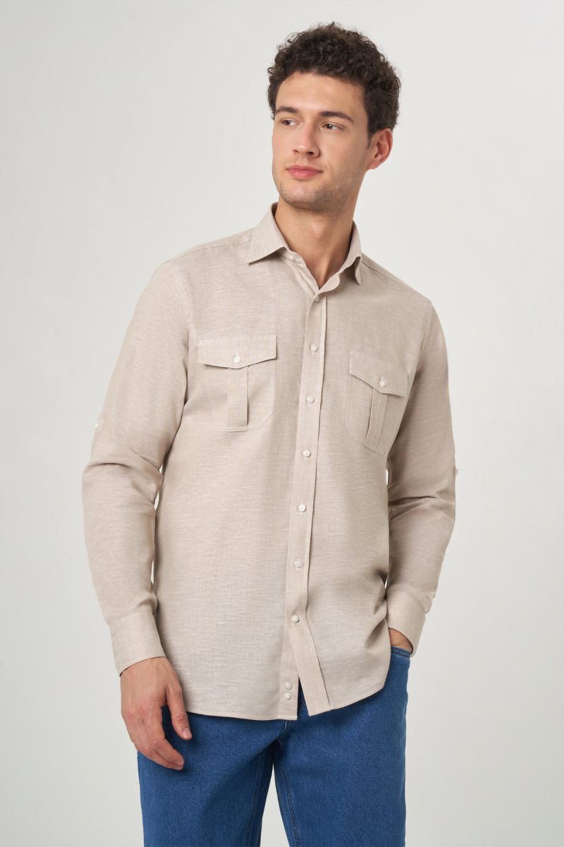 Regular Fit Bej Paşa Yaka Uzun Kollu Spor Erkek Gömlek - 1