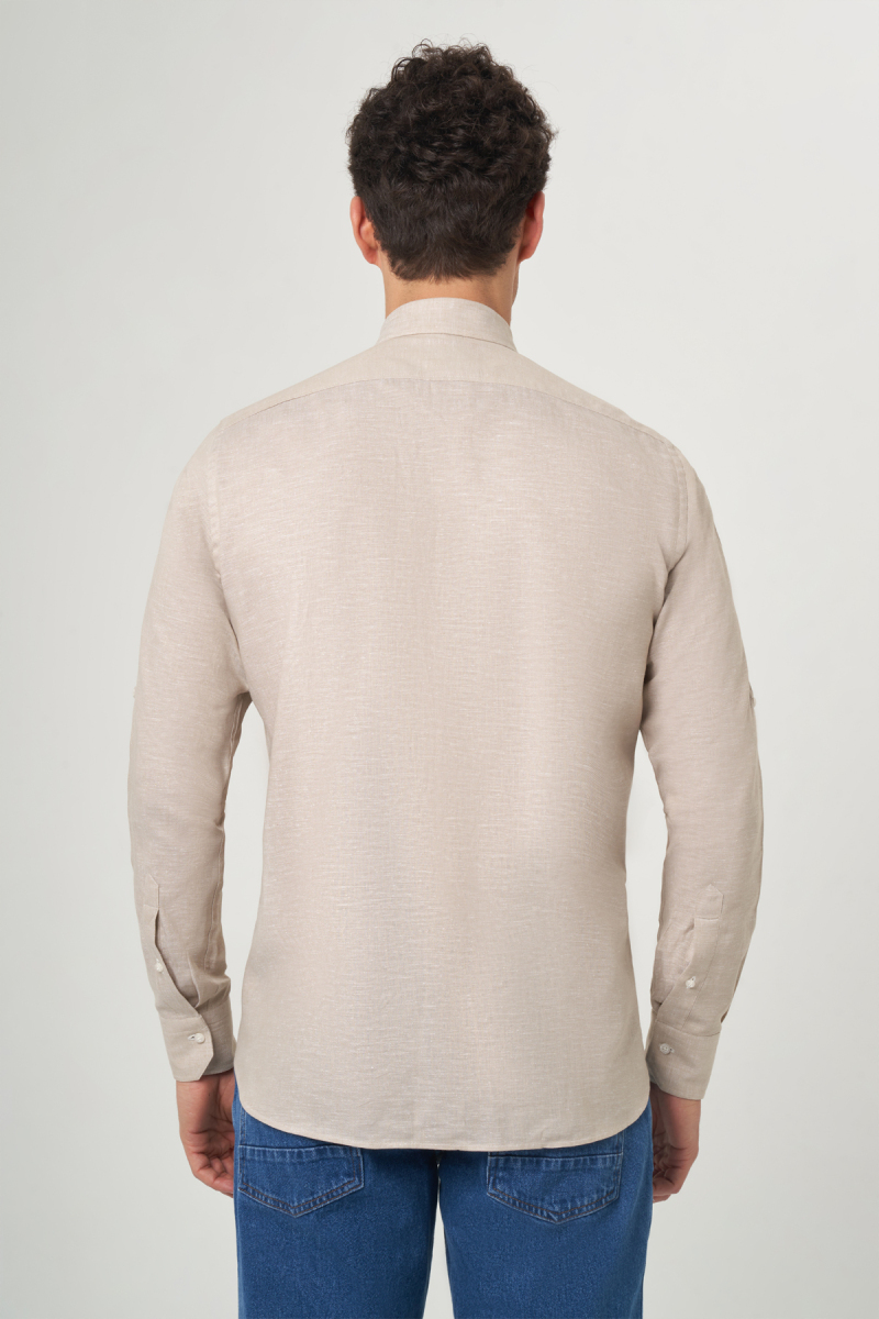 Regular Fit Bej Paşa Yaka Uzun Kollu Spor Erkek Gömlek - 2
