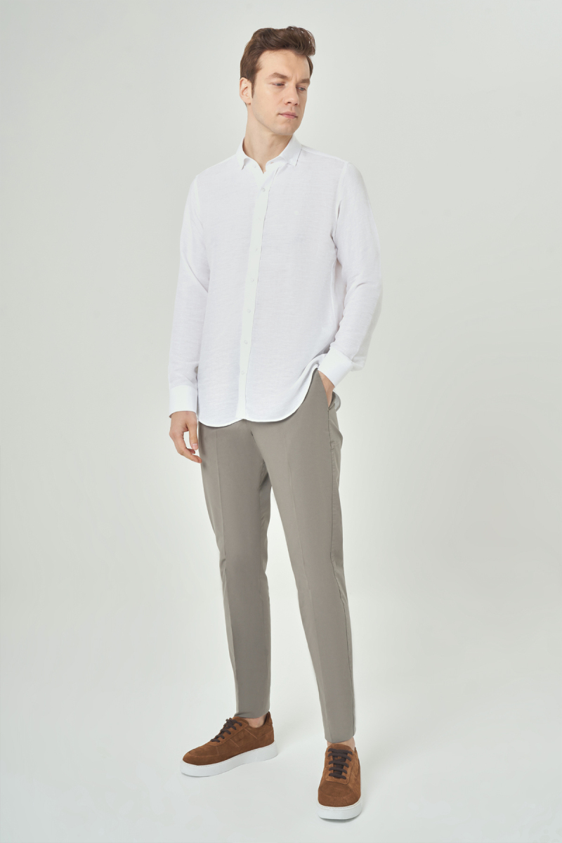 Regular Fit Beyaz Gabardin Spor Yaka Erkek Gömlek - 4