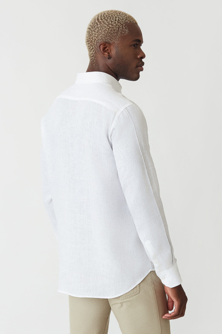 Regular Fit Beyaz Keten Erkek Gömlek - 2