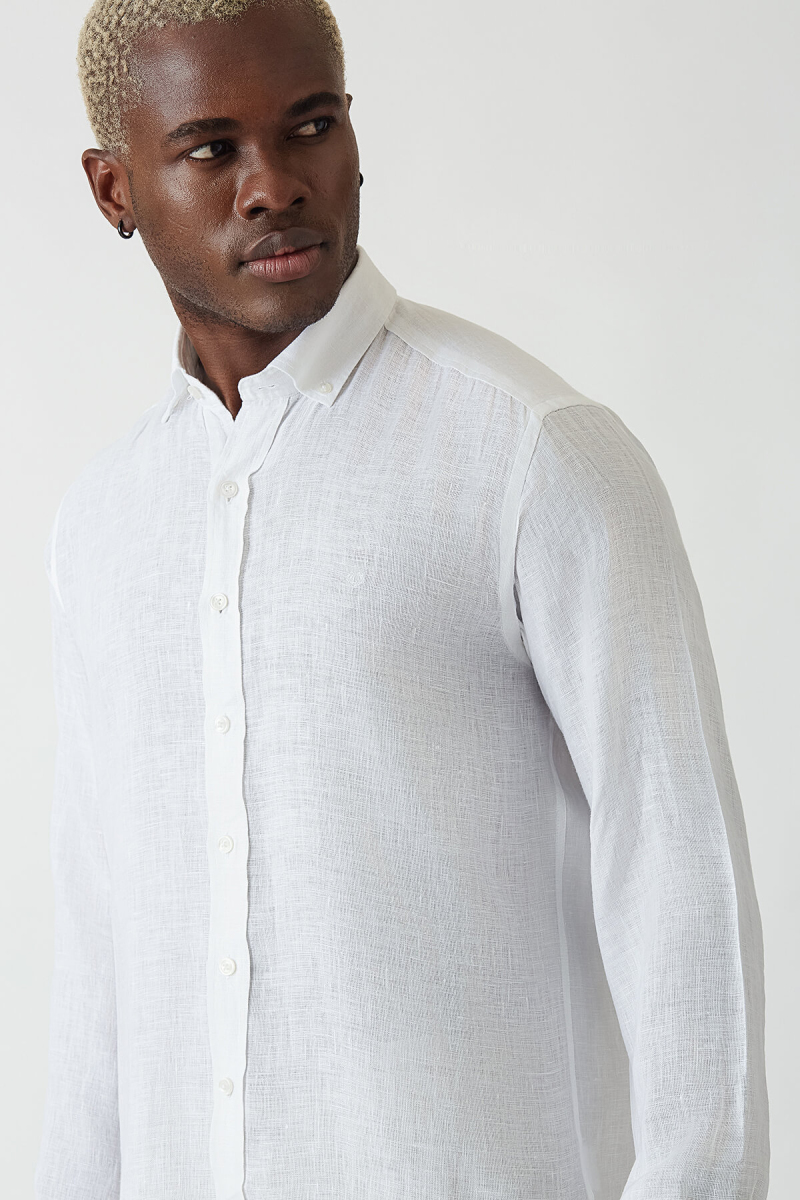 Regular Fit Beyaz Keten Erkek Gömlek - 4