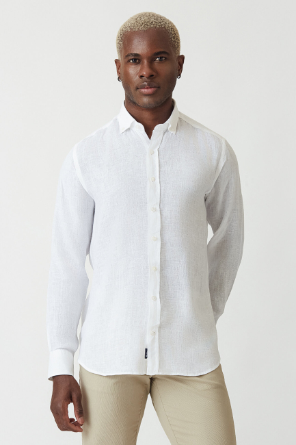 Regular Fit Beyaz Keten Erkek Gömlek - 1