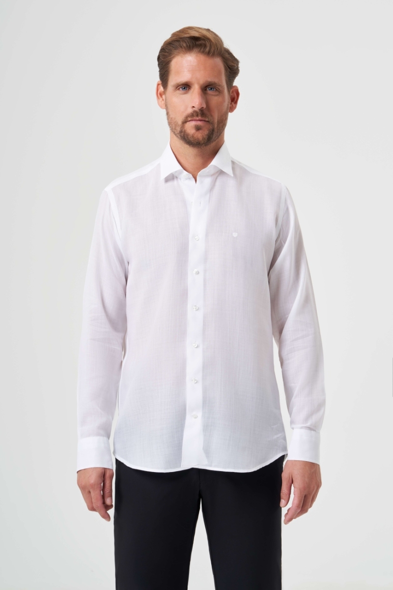 Regular Fit Beyaz Klasik Düz Erkek Gömlek - 1
