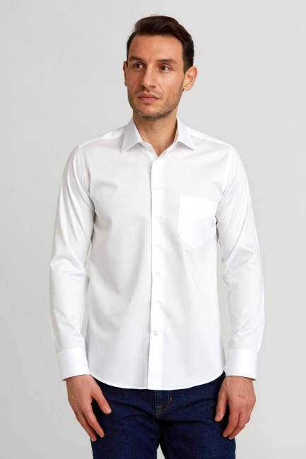 Regular Fit Beyaz Saten Klasik Erkek Gömlek Beyaz