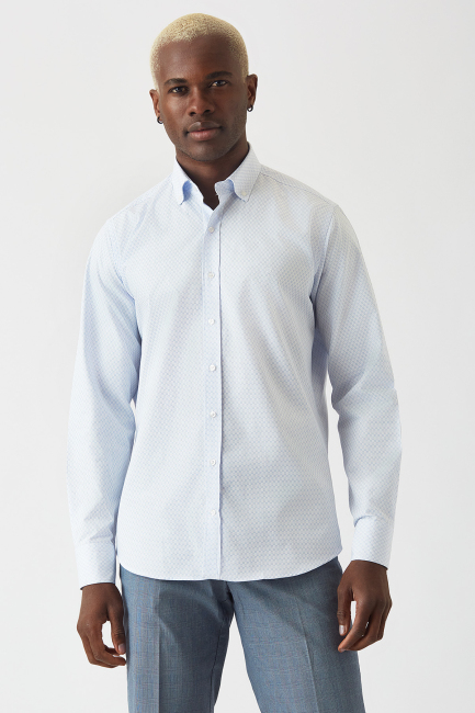 Regular Fit Beyaz Uzun Kol Paşa Yaka Spor Erkek Gömlek - 1