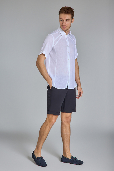 Regular Fit Birit Yaka Beyaz Keten Erkek Gömlek - 5