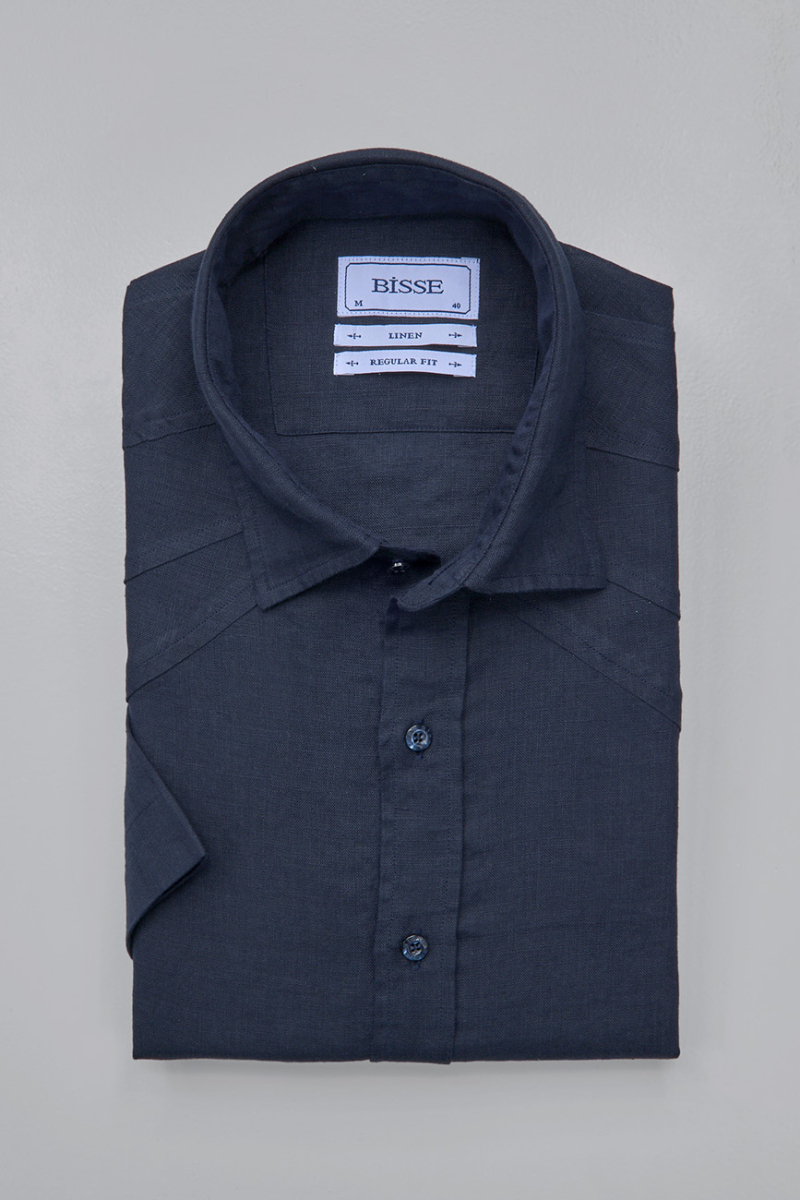 Regular Fit Birit Yaka Lacivert Keten Erkek Gömlek - 3