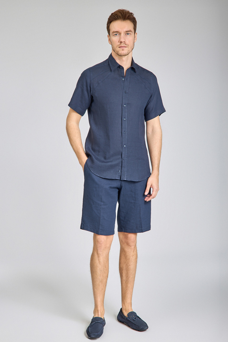 Regular Fit Birit Yaka Lacivert Keten Erkek Gömlek (1)