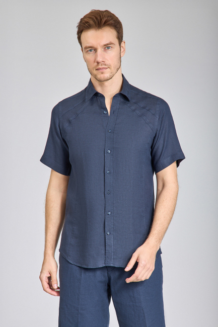 Regular Fit Birit Yaka Lacivert Keten Erkek Gömlek