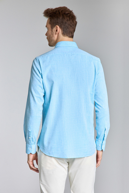 Regular Fit Birit Yaka Turkuaz Pamuk Keten Erkek Gömlek - 6