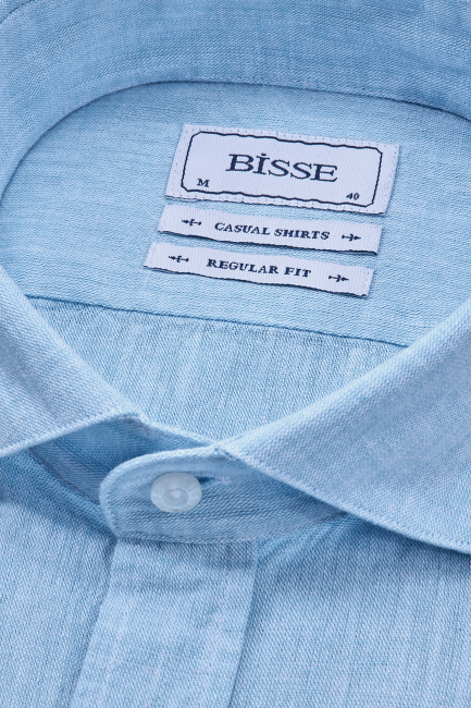 Regular Fit Birit Yaka Turkuaz Pamuk Keten Erkek Gömlek - 4