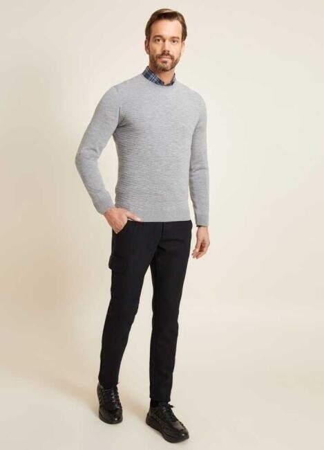 Regular Fit Bisiklet Yaka Gri Erkek Yün Triko - 6