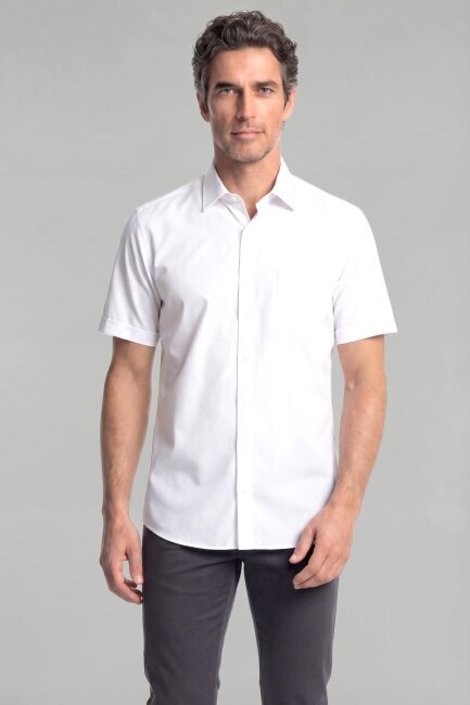 Regular Fit Cepli Kısa Kol Pamuk Beyaz Erkek Gömlek - 1