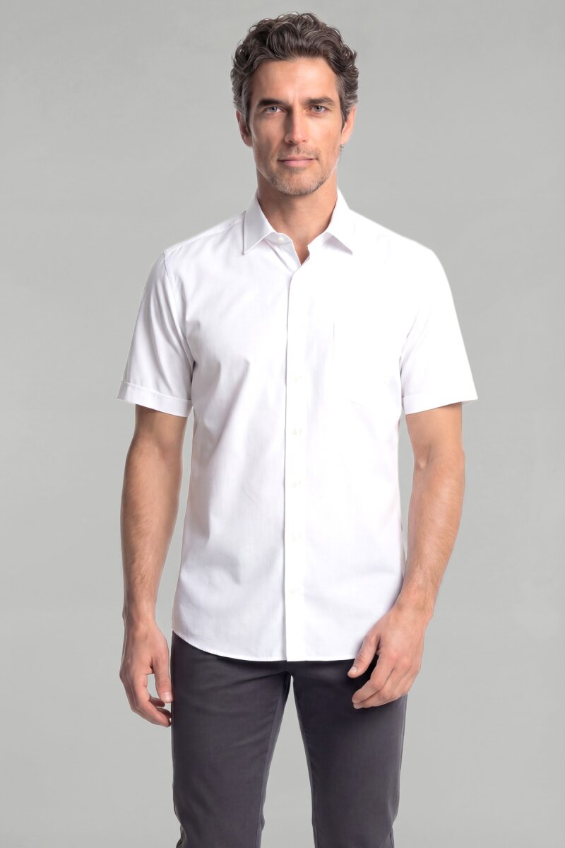 Regular Fit Cepli Kısa Kol Pamuk Beyaz Erkek Gömlek - 1