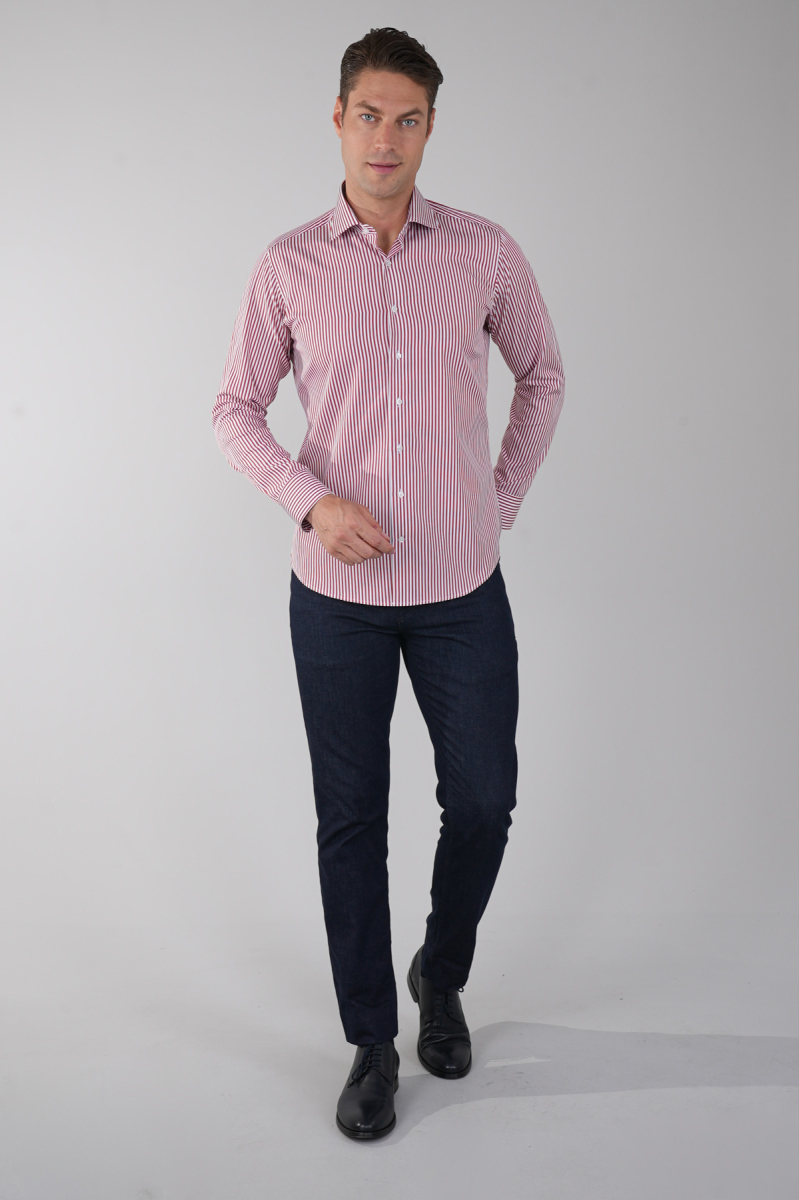 Regular Fit Cepsiz İtalyan Yaka Kırmızı Pamuk Erkek Gömlek - 5