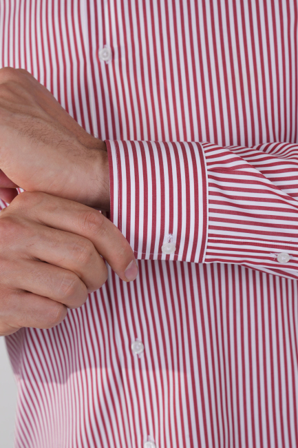 Regular Fit Cepsiz İtalyan Yaka Kırmızı Pamuk Erkek Gömlek - 4