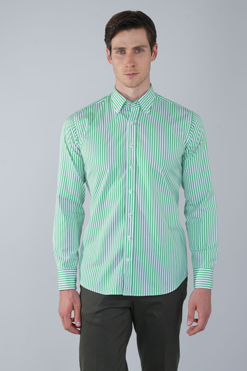 Regular Fit Cepsiz Yeşil Pamuk Erkek Gömlek - 1