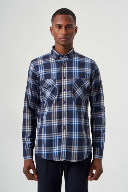 Regular Fit Çift Cepli Ekoseli Lacivert Spor Erkek Gömlek 