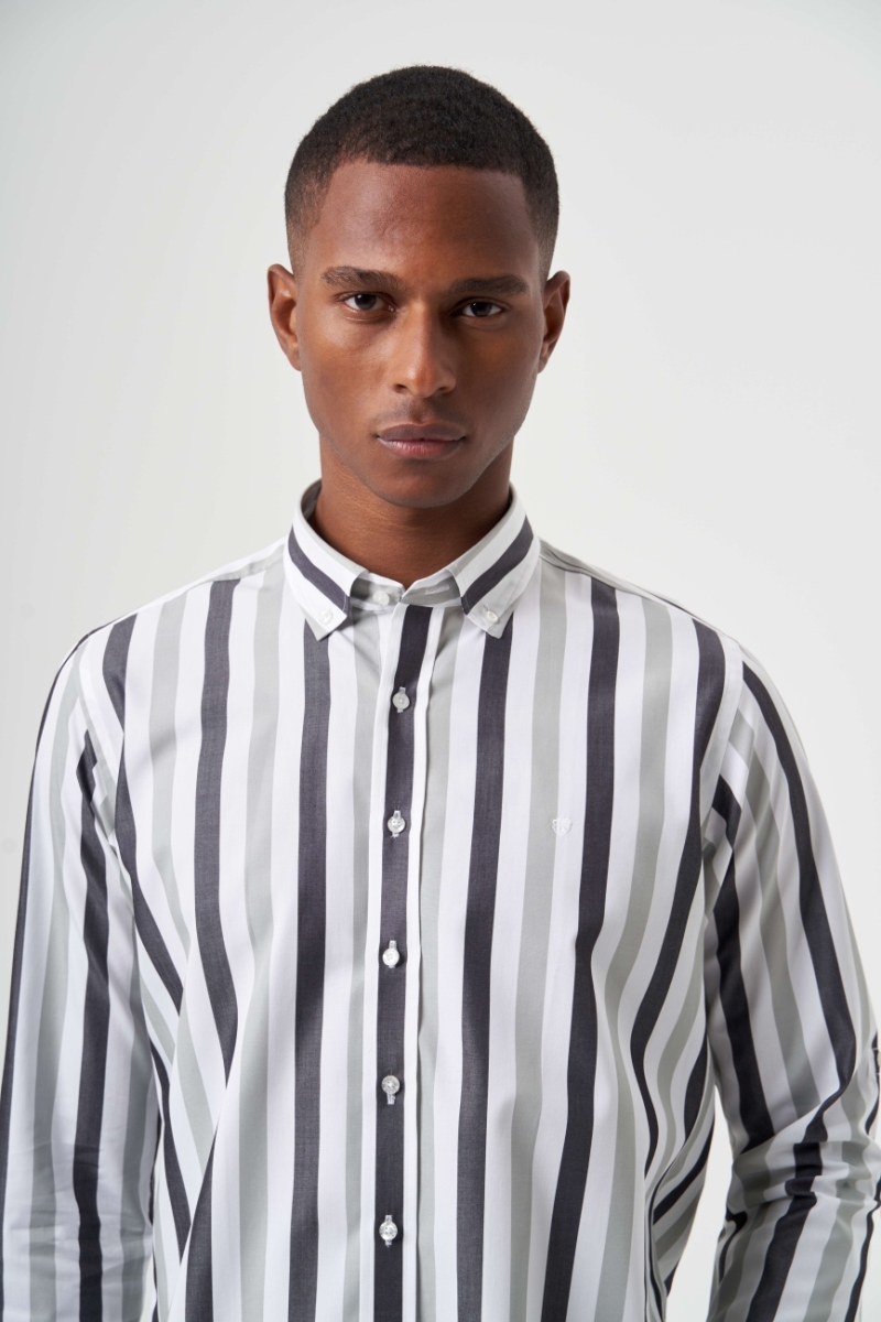 Regular Fit Çizgili Açık Yeşil Erkek Spor Gömlek - 4