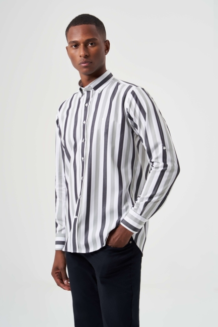 Regular Fit Çizgili Açık Yeşil Erkek Spor Gömlek