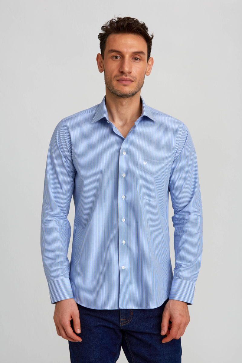 Regular Fit Çizgili Mavi Basic Erkek Gömlek - 4