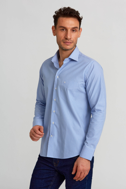 Regular Fit Çizgili Mavi Basic Erkek Gömlek - 1