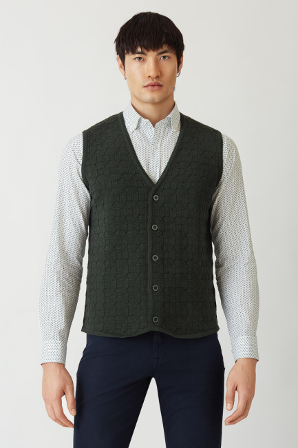 Regular Fit Desenli Haki Erkek Triko Yelek 