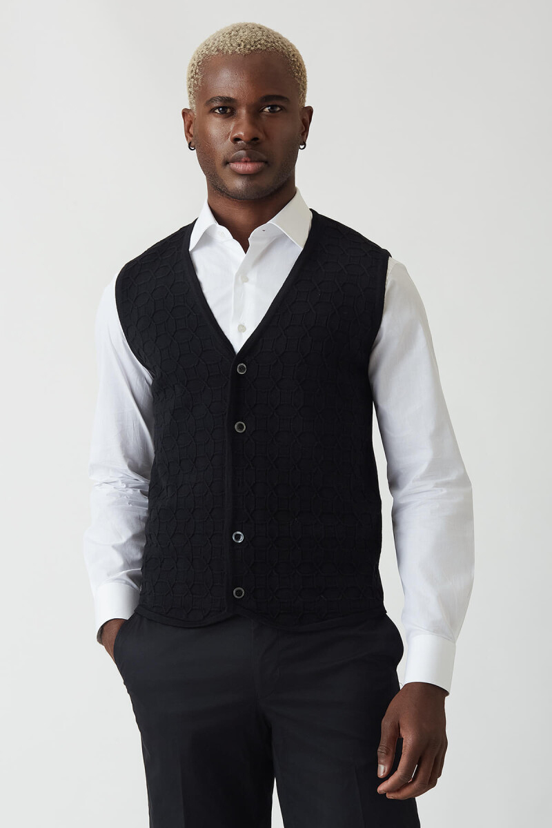 Regular Fit Desenli Siyah Erkek Triko Yelek  - 1