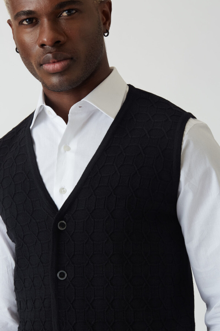 Regular Fit Desenli Siyah Erkek Triko Yelek  (1)