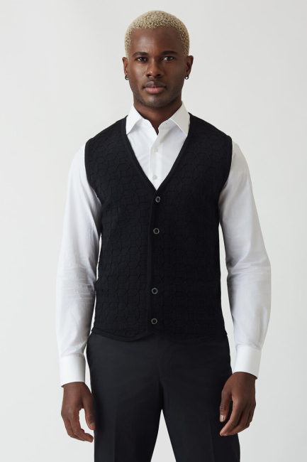 Regular Fit Desenli Siyah Erkek Triko Yelek  - 3