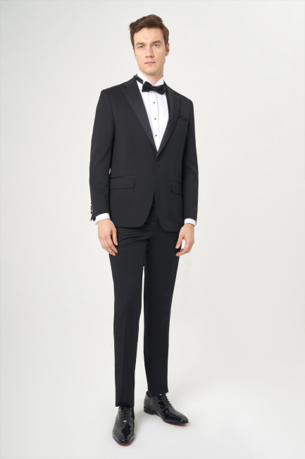 Regular Fit Drop 6 Siyah Erkek Yün Smokin Takım - 5