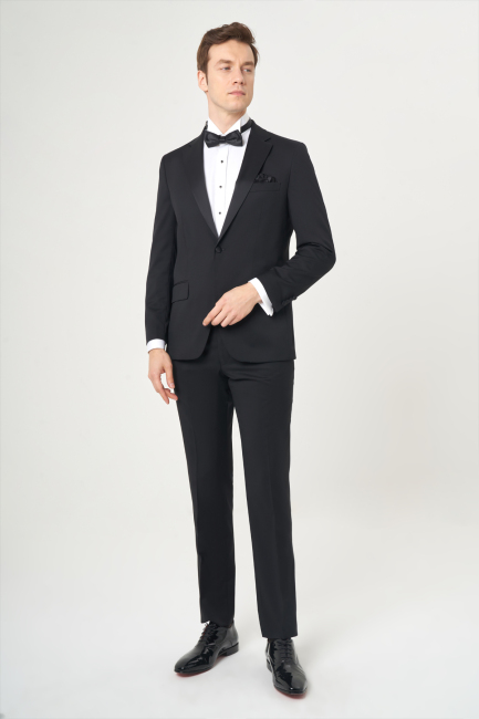 Regular Fit Drop 6 Siyah Erkek Yün Smokin Takım