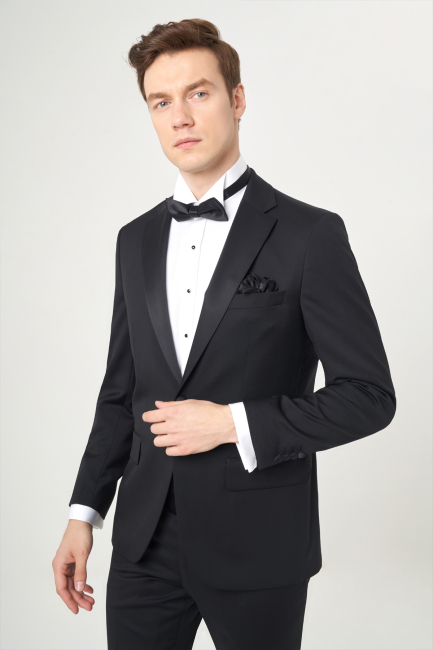 Regular Fit Drop 6 Siyah Erkek Yün Smokin Takım - 4