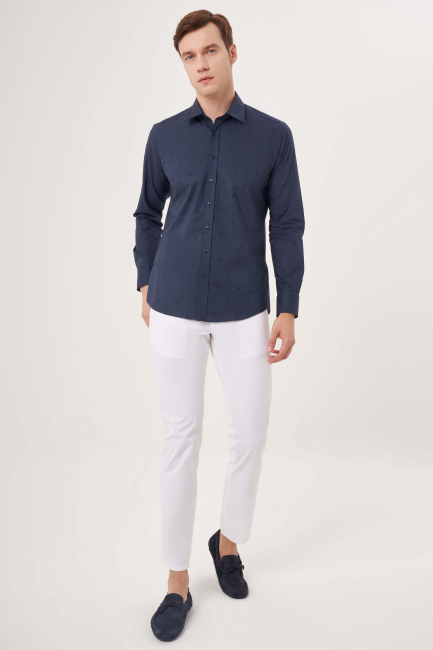 Regular Fit Düz Lacivert Spor Erkek Gömlek - 4
