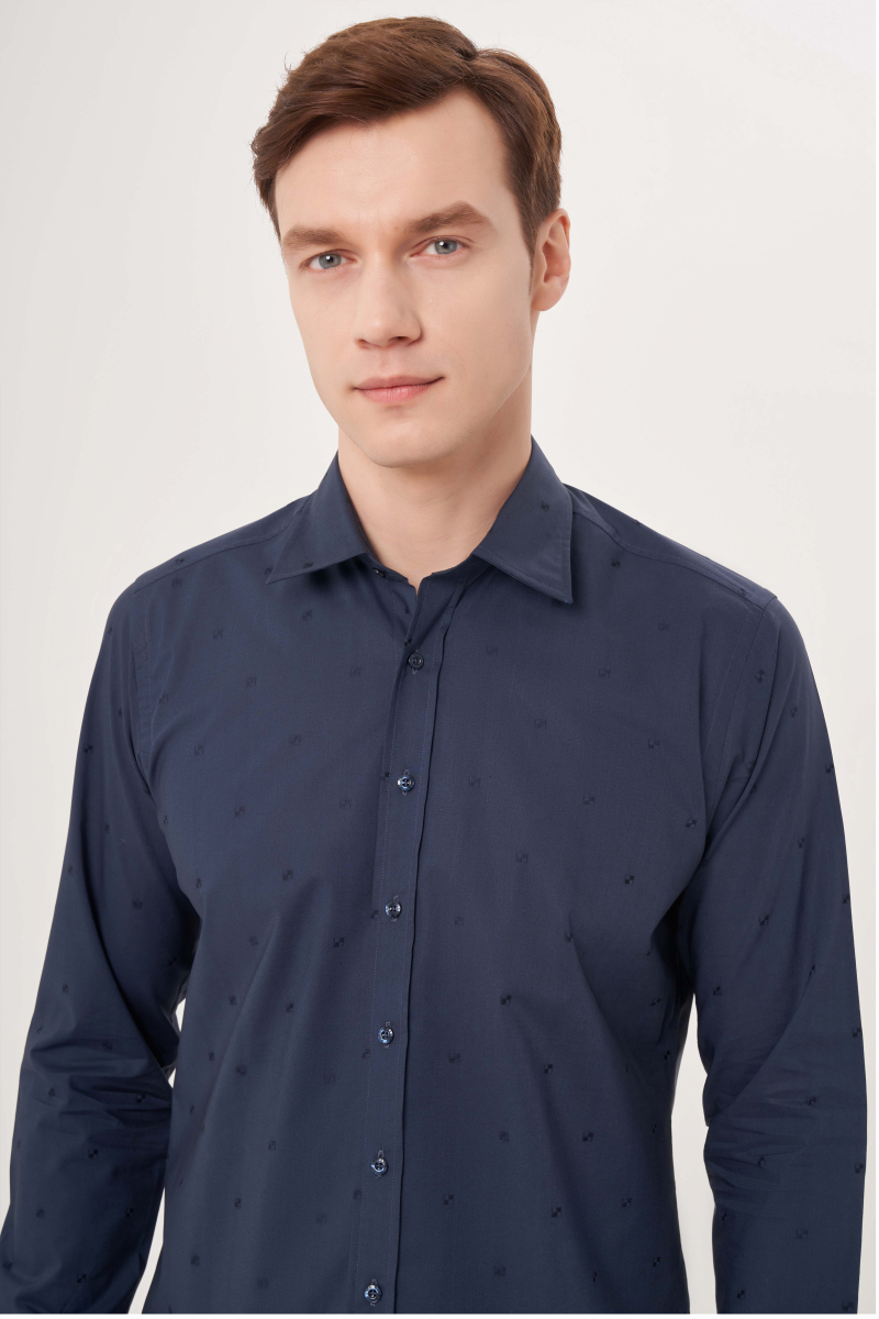 Regular Fit Düz Lacivert Spor Erkek Gömlek - 3