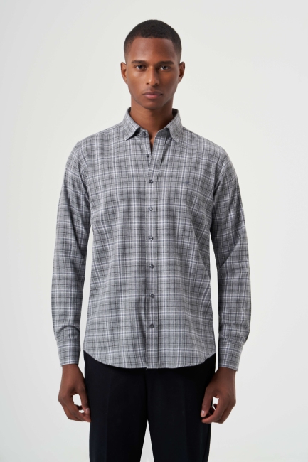 Regular Fit Ekose Desenli Gri Flanel Erkek Gömlek