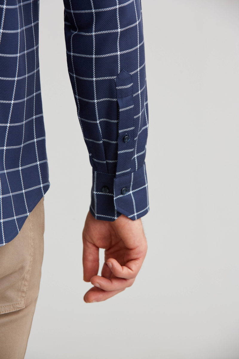 Regular Fit Ekoseli Beyaz Çizgili Spor Erkek Gömlek - 3