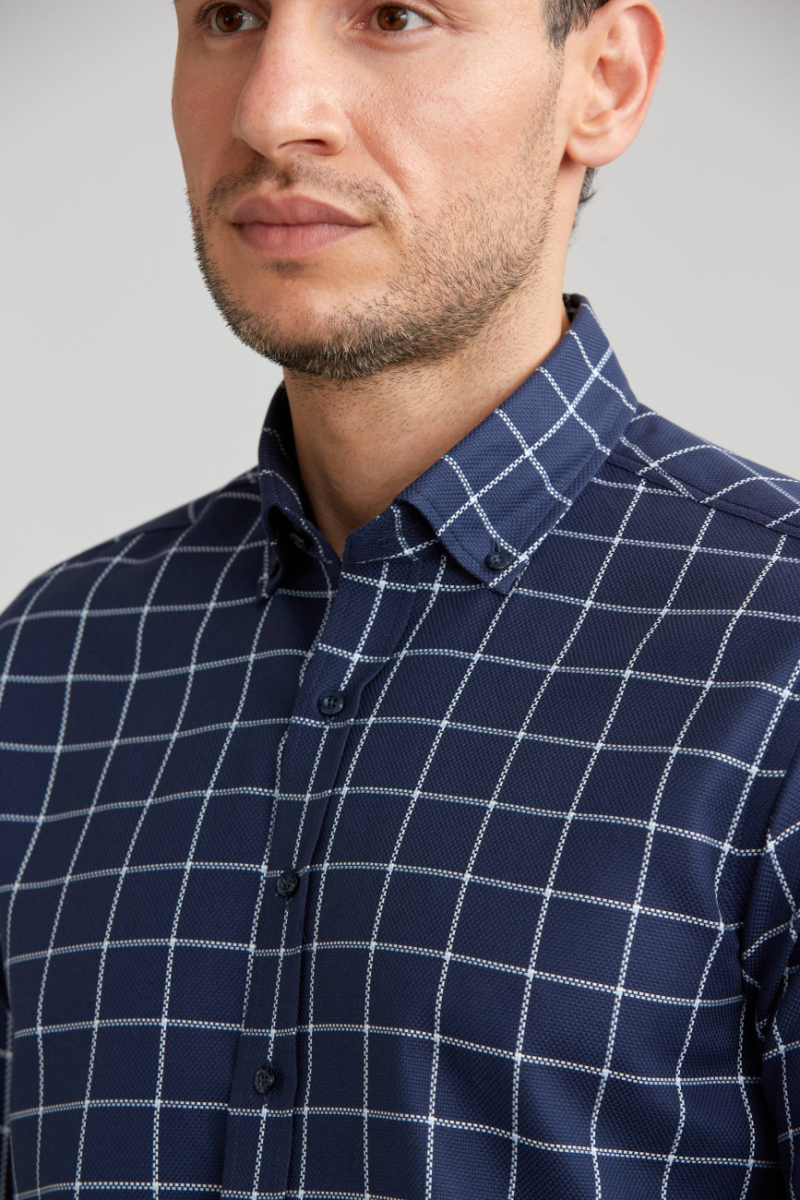 Regular Fit Ekoseli Beyaz Çizgili Spor Erkek Gömlek - 4