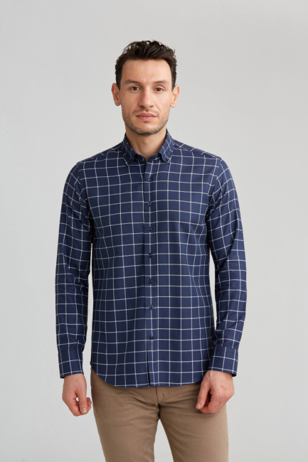 Regular Fit Ekoseli Beyaz Çizgili Spor Erkek Gömlek