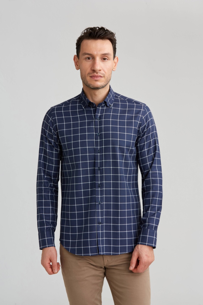 Regular Fit Ekoseli Beyaz Çizgili Spor Erkek Gömlek