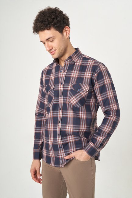 Regular Fit Ekoseli Kahve Spor Erkek Gömlek - 1